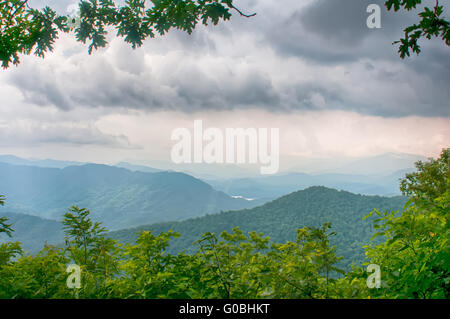 ridges of theSmokey Mountains extending across the valley on the BLue Ridge Parkway near Cherokee, North Carolina. Stock Photo