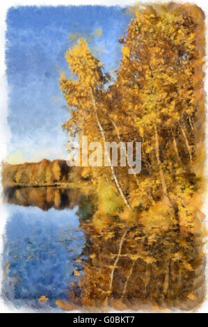 Watercolor autumn river and forest  landscape Stock Photo