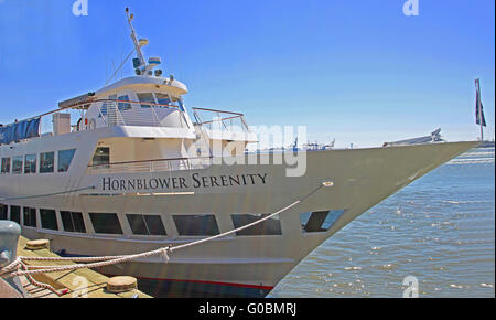 The prow of a cruiser used to take tourist out onto the Hudson River to see the Statue of Liberty. Stock Photo