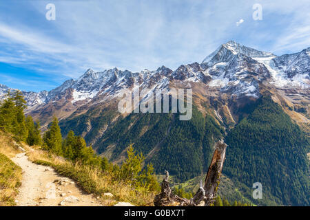 Stunning view of the Bietschhorn Breithorn and mountain range of alps in canton of Valais from the hiking path above the Loetsch Stock Photo