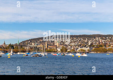 Beautiful view of the Zurich old town before sunset from the lake side at Mythenquai, ,Zurich, Switzerland Stock Photo