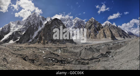 Scenic panorama of Engilchek glacier in picturesque Tian Shan mountain range in Kyrgyzstan Stock Photo