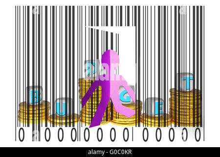 Paperman coming out of a bar code with Budget word Stock Photo