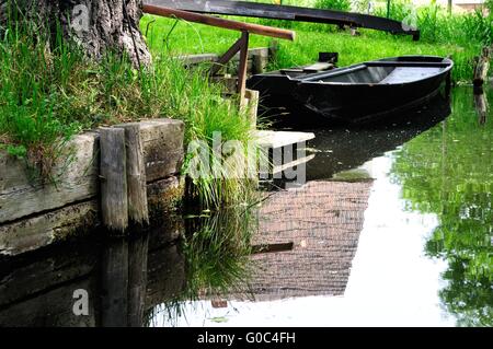 Jetty in the Spreewald Forest with Kahn Germany Stock Photo