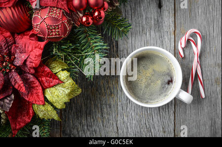 Coffee with Christmas Holiday Decorations and Candy Canes Stock Photo