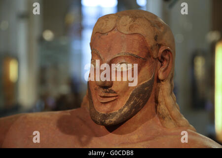 Etruscan art. Sarcophagus of the spouses. 6th century BC. Necropolis of Banditaccia, Cerveteri, Italy. Clay. Detail man head. Stock Photo