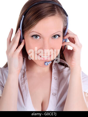 Portrait of happy smiling cheerful customer support phone operator in headset Stock Photo