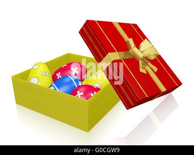 Painted Easter Eggs in Gift Box with Gold Bow Ribbon Stock Photo
