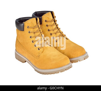 Yellow leather boots isolated on white background Stock Photo