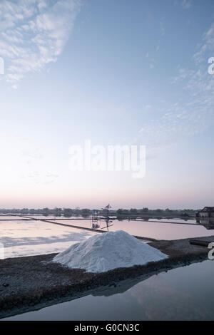 Early morning in salt field or salt farm in Sidoarjo, Indonesia. The traditional salt production called Petani Garam. Stock Photo