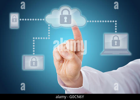 Index Finger Touching Lock Icon In Cloud Network Stock Photo