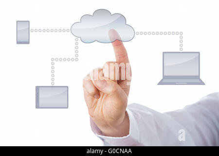 Finger Pushing Empty Cloud Icon Isolated On White Stock Photo