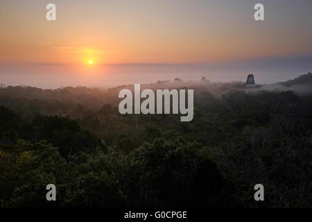 Sunrise and early morning mist over the tropical jungle as seen from the ancient Mayan temple number 4 at the archaeological site of Tikal an ancient urban center of the pre-Columbian Maya civilization located in the archaeological region of the Peten Basin in northern Guatemala Stock Photo