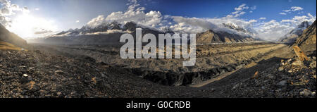 Scenic panorama of Engilchek glacier in picturesque Tian Shan mountain range in Kyrgyzstan Stock Photo