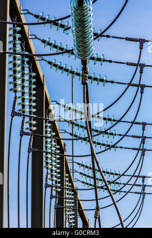Substation, switchgear, transformation of electrical energy between two or more voltage levels, here regional transport network, Stock Photo