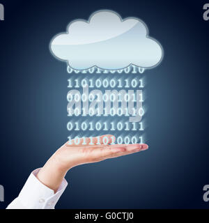 Zeros And Ones Flowing Between Cloud And Hand Stock Photo