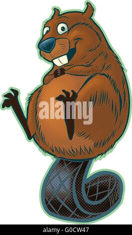 A cute, happy cartoon beaver balancing on its flat tail. This vector cartoon clip art features halftone screens for shading. Stock Vector