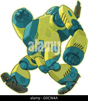 A vector cartoon illustration of a giant yellow robot walking forward with a lumbering gait. Stock Vector