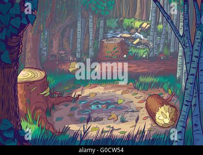 Vector Cartoon Illustration of a forest clearing scene with felled trees and logs and a stream or river in the background. Stock Vector