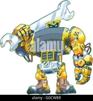 A vector cartoon of a giant tough-looking robot holding a wrench on its shoulder. Great for construction or repair themes. Stock Vector