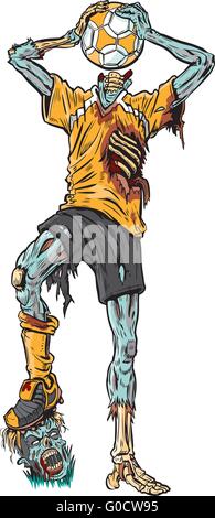Vector cartoon illustration of a decayed zombie soccer player who has confused the ball for his missing head. Stock Vector