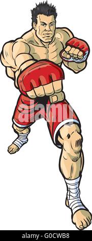 A vector cartoon clip art illustration of an mma fighter throwing a right cross punch toward the viewer. Stock Vector