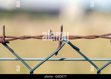 Closeup of rusty barbed wire fence. Stock Photo