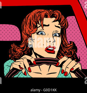 Inexperienced woman driver car accident pop art comics retro style Halftone Stock Photo