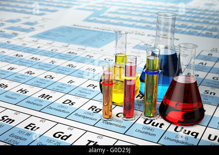 Science chemistry concept. Laboratory test tubes and flasks with colored liquids on the periodic table of elements.  3d illustra Stock Photo