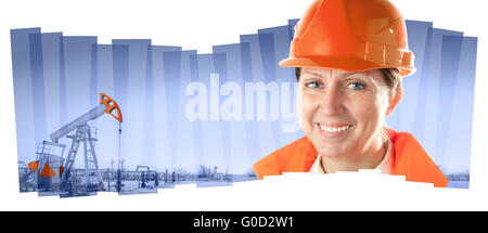 Female industrial worker in an oil field. Collage composition. Stock Photo