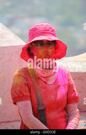 BARSANA - MAR 09: foreigner devotees celebrate the traditional and a ritualistic Holi at Radharani temple on March 09 Stock Photo