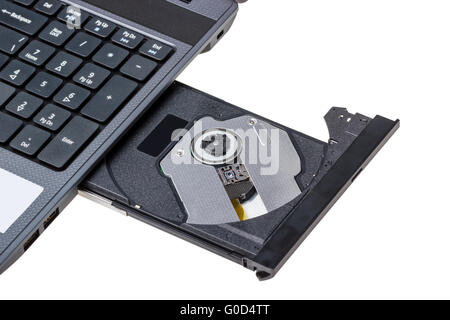 Laptop with open DVD tray isolated on a white