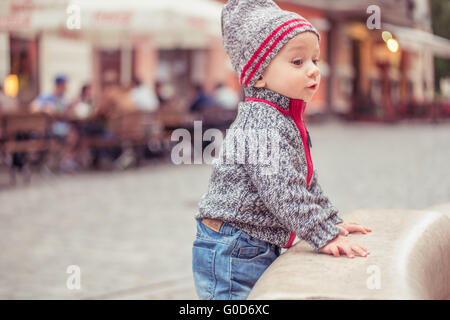 happy little baby boy wearing hat Stock Photo