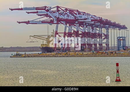 Dockside Cranes and Container Ship Barcelona Spain Stock Photo