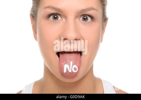 Woman puts out the tongue with an inscription no Stock Photo