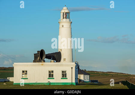 Nash Point Working Lighthouse and Foghorn on the Glamorgan Heritage Coast in south Wales, on a Spring evening Stock Photo