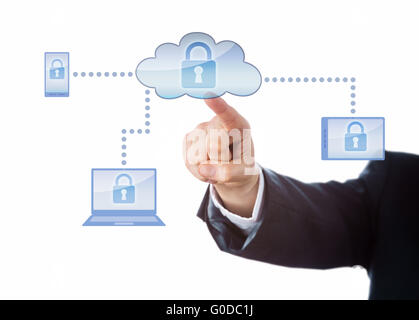 Hand Touching A Locked Cloud Computing Network Stock Photo