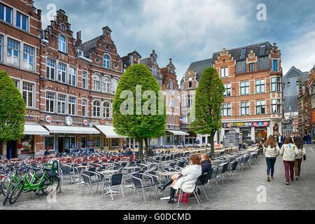 HORECA businesses in Leuven like all country were affected by terrorist attacks in Brussels. Empty terraces without tourists in Stock Photo