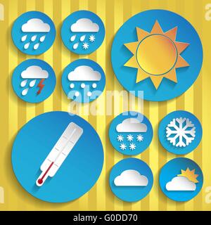 Weather sign icon set in paper style on blue gradient round background Stock Vector