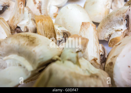 raw sliced mushrooms ready for grilling Stock Photo