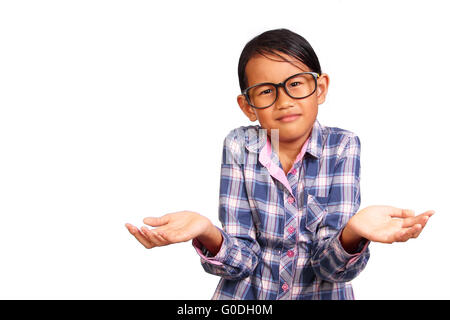 Little girl with glasses performing shrug or I don't know gesture isolated on white Stock Photo