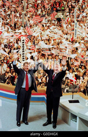 American President Bill Clinton and Vice-President Al Gore at the The 1996 National Convention of the U.S. Democratic Party was held at the United Center in Chicago, Illinois from August 26 to August 29, 1996. President Bill Clinton and Vice President Al Gore celebrate after their nomination for reeelection during the Democratic Party National Convention held in Chicago in 1996. This was the first national convention of either party to be held in Chicago since the disastrous riots of the 1968 Democratic convention. Stock Photo