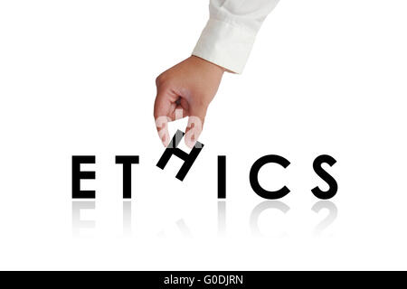 Gesture of hand picking up letters and making Ethics word isolated on white Stock Photo