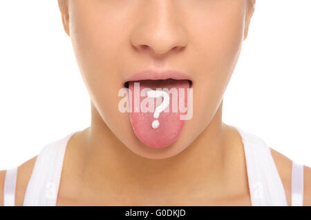 Woman puts out tongue with drawn question mark Stock Photo