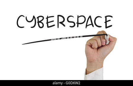 Business concept image of a hand holding marker and write Cyberspace isolated on white Stock Photo