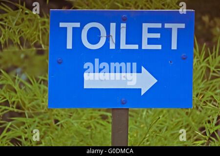 Arrow on Sign board indicating direction of a toilet in a Garden Stock Photo