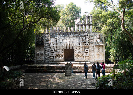 MEXICO CITY, Mexico — A detailed architectural replica represents one of the significant structures from the Maya archaeological site of Ek Balam, located in Yucatan. This museum reconstruction demonstrates the sophisticated architectural achievements of the pre-Columbian Maya civilization. The model serves as an educational tool for understanding Maya building techniques and architectural design. Stock Photo