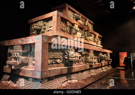 MEXICO CITY, Mexico — A detailed architectural replica illustrates the design and construction of an Aztec temple, demonstrating the sophisticated architectural achievements of pre-Columbian civilization. The scale model helps visitors visualize the monumental architecture that once dominated Tenochtitlan. This reconstruction serves as an educational tool for understanding Aztec building techniques and architectural design. Stock Photo