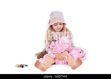 Happy little baby girl in pink tutu skirt and hat Stock Photo
