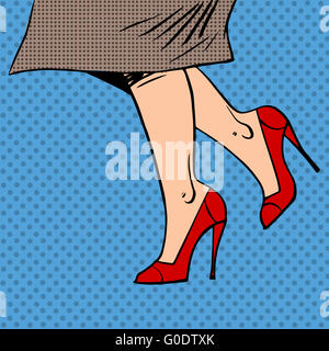 Female legs in red shoes woman coat goes pop art comics retro st Stock Photo